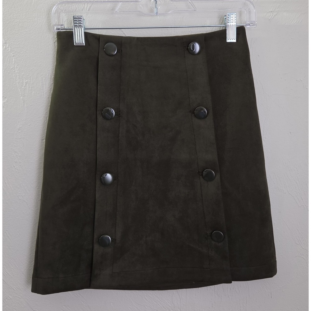 Loft‎ Forest Green Faux Suede High Waisted Skirt Women's Size 00P Petite Button